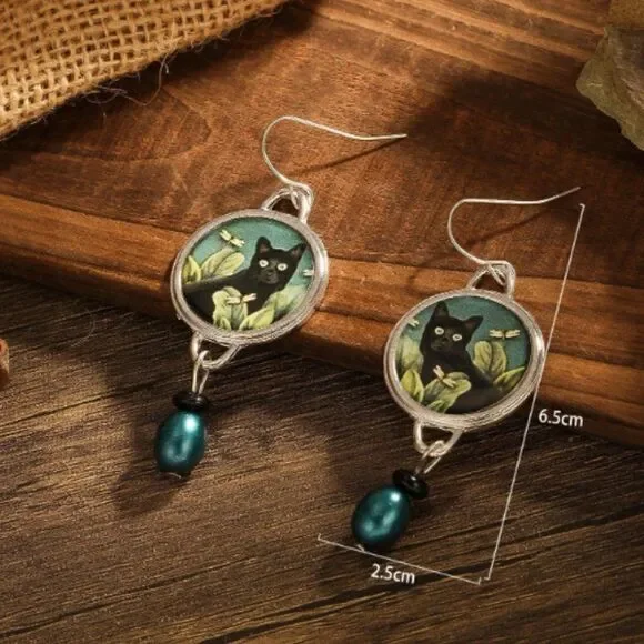 Black Cat Dragonfly Earrings Nature Boho Dangle Teal Bead Animal Lover Earrings - Picture 4 of 10